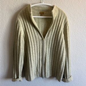 Vintage 90's Y2K 100% Wool Zip Up Green Sweater - Caslon Ribbed Classic Sweater
